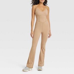 JoyLab Athletic One Piece Jumpsuit with Flare Leggings + Spaghetti Straps in Tan